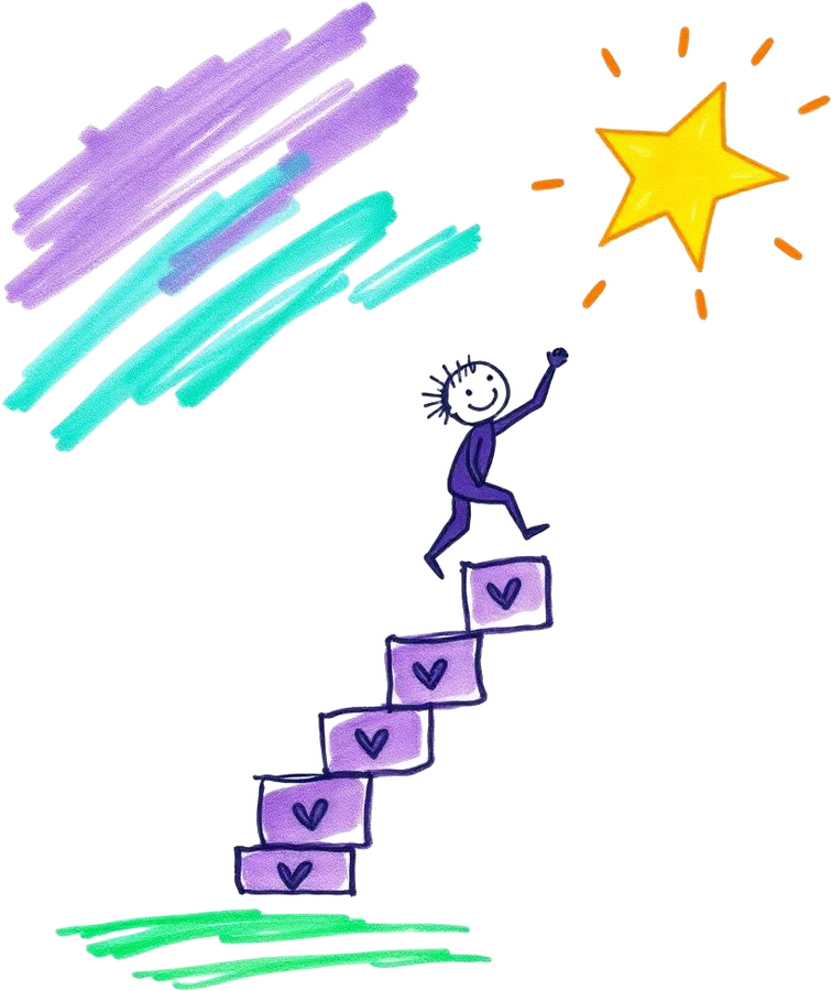 Desenho infantil de uma criança subindo degraus até uma estrela, representando o aprendizado passo a passo