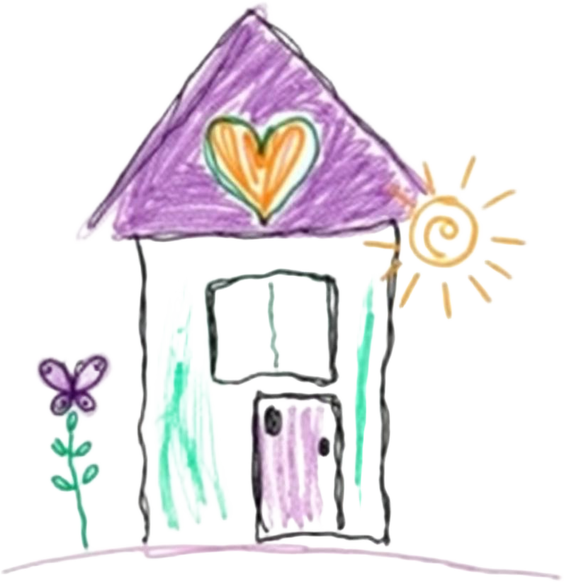Desenho infantil de uma casinha com janela em forma de coração, raminho de alecrim, borboleta roxa e sol