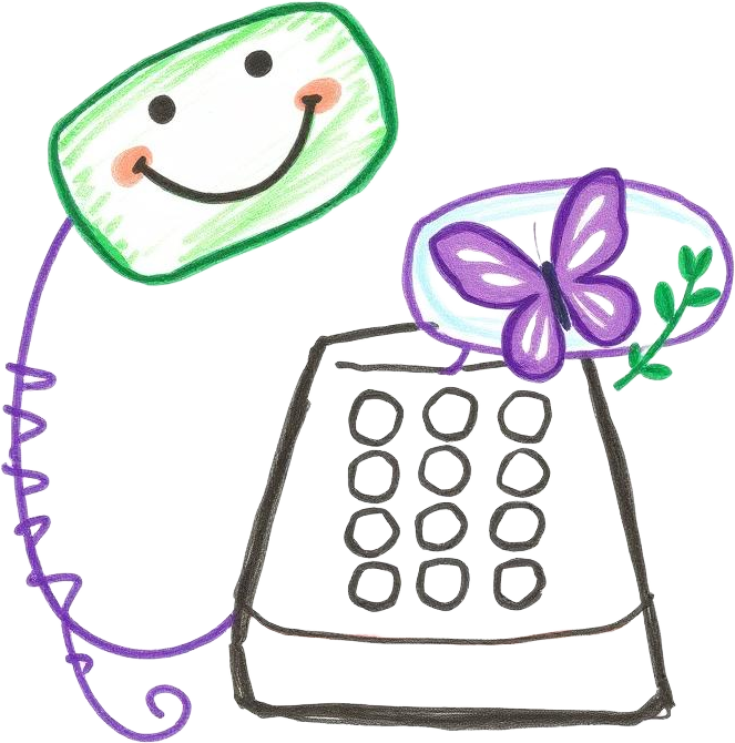 Desenho infantil de um telefone sorridente com balão de conversa e uma borboleta roxa