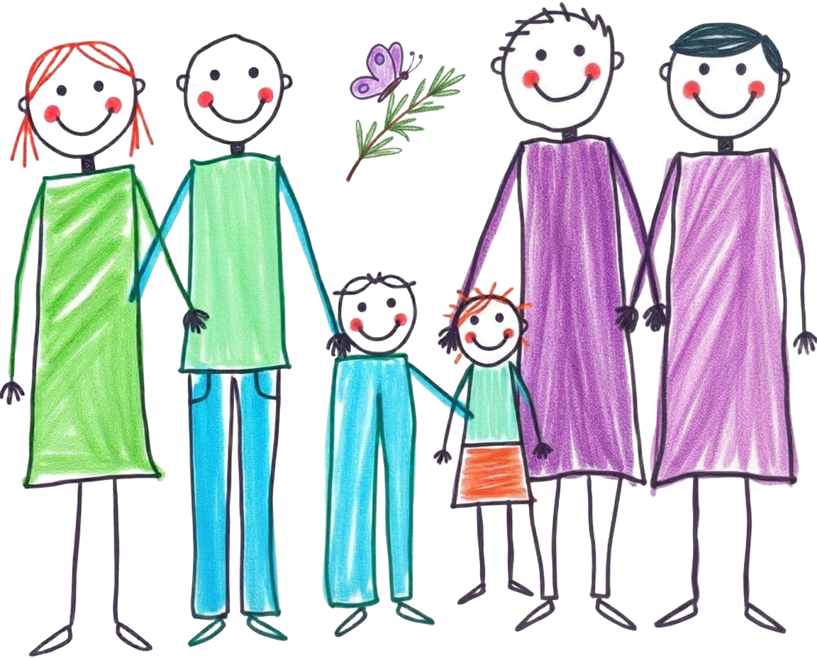 Desenho infantil de profissionais sorrindo de mãos dadas ao lado de uma criança