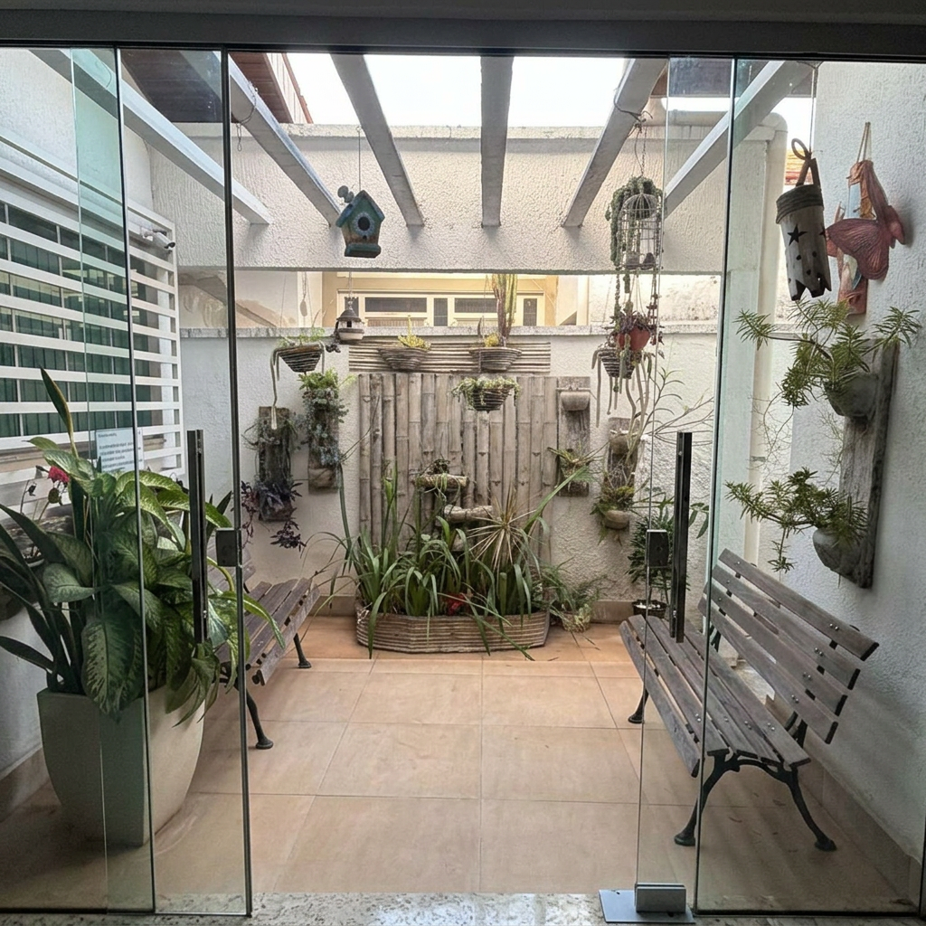 Jardim externo do Alecrim com porta de vidro aberta, bancos de madeira, plantas e pergolado